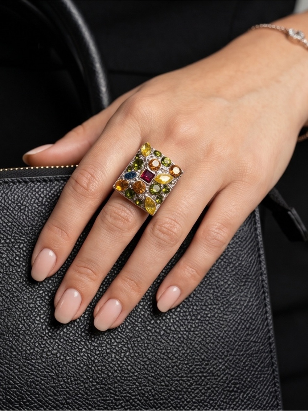 Multi Color Faux Gemstone Fashion Jewelry Ring Adjustable Ring Size